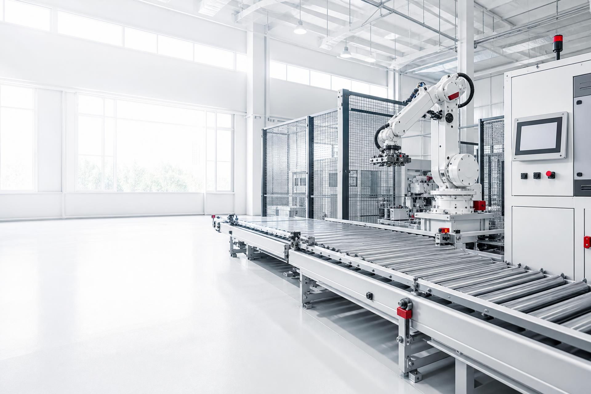 Moderne Fördertechnik mit Industrieroboter und Steuerungstechnik in heller Produktionshalle